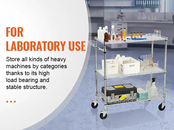 VEVOR 3-tier utility cart for laboratory use with high load bearing and stable structure.