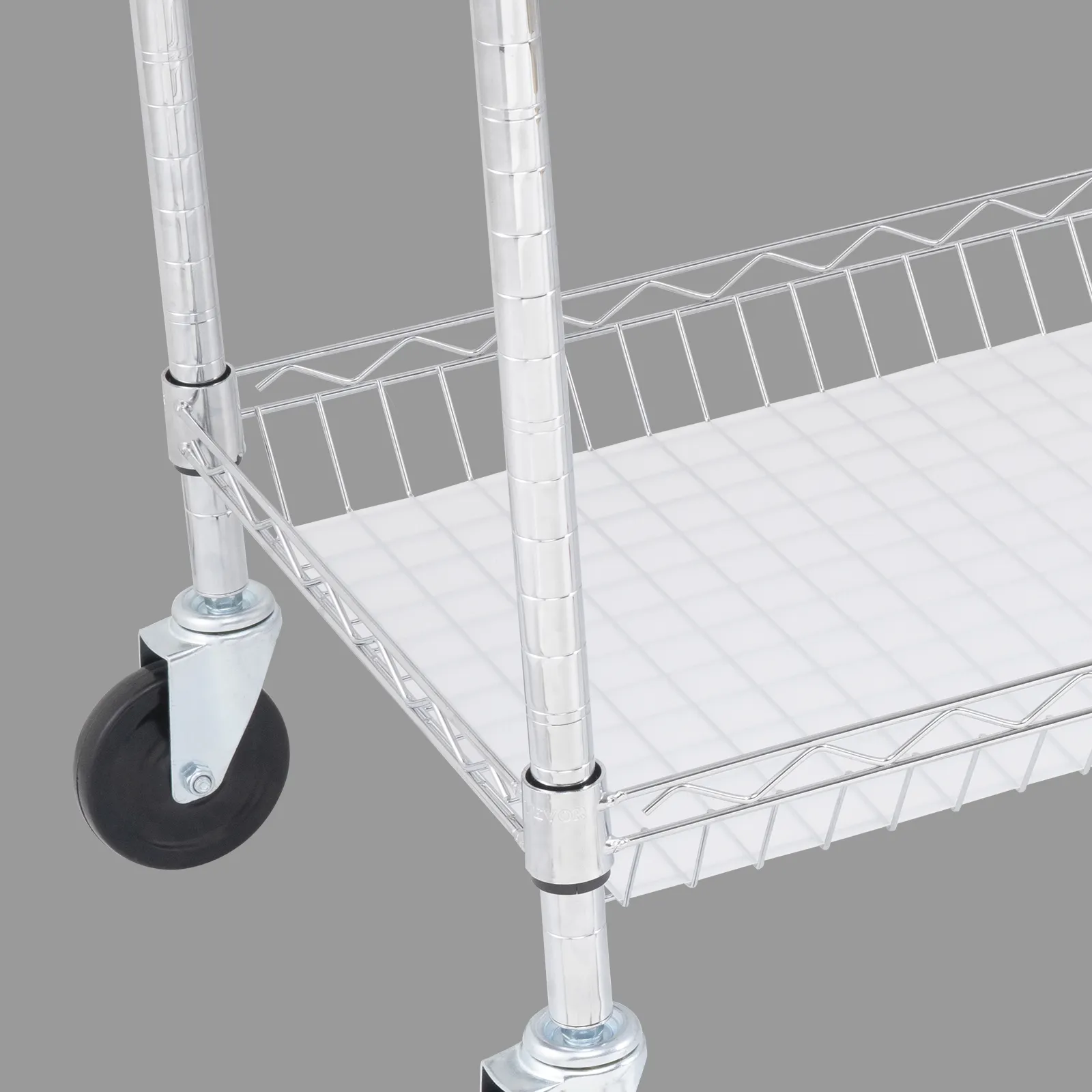 chrome mesh rack with wheels on the bottom tier of the VEVOR 3-tier utility cart.