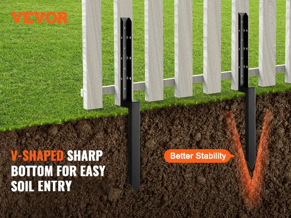VEVOR fence post anchor with v-shaped bottom illustration for better stability and easy soil penetration.