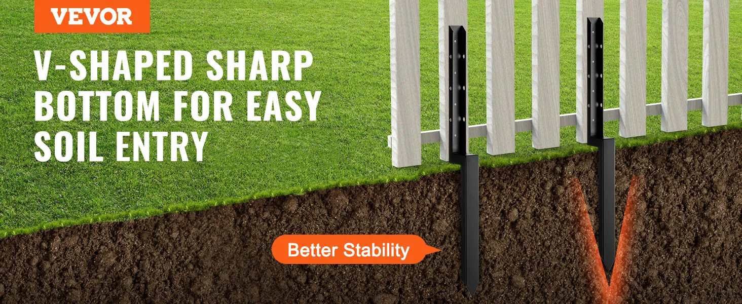 VEVOR fence post anchor with v-shaped bottom illustration for better stability and easy soil penetration.