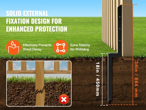 solid external fixation design of VEVOR fence post anchor with measurements and protection features.
