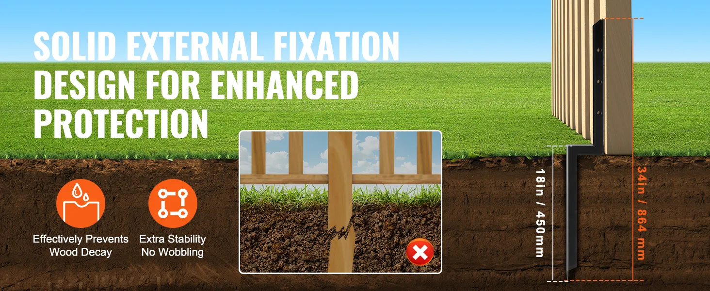 solid external fixation design of VEVOR fence post anchor with measurements and protection features.