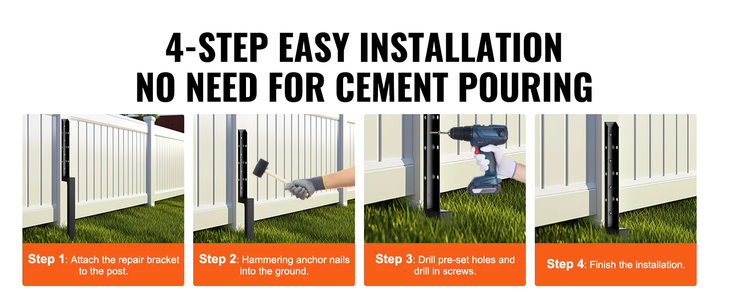 4-step installation of VEVOR fence post anchor with no cement pouring required. easy diy process