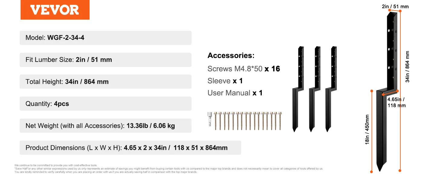 Kit de reparación de anclaje para postes de cerca VEVOR con tornillos, dimensiones y especificaciones en detalle.