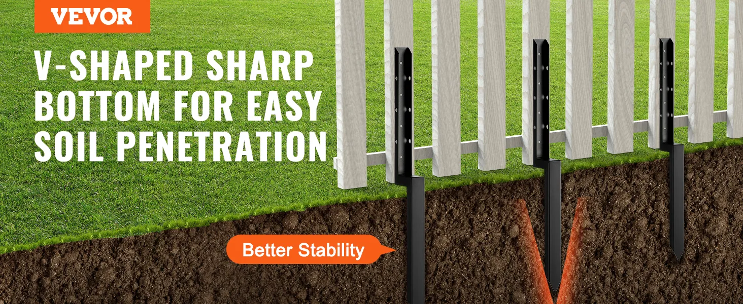 Kit de reparación de anclaje para postes de cerca VEVOR con fondo afilado en forma de V para una fácil penetración en el suelo y una mejor estabilidad.