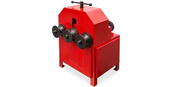 red VEVOR pipe bender with three black rollers on a white background.