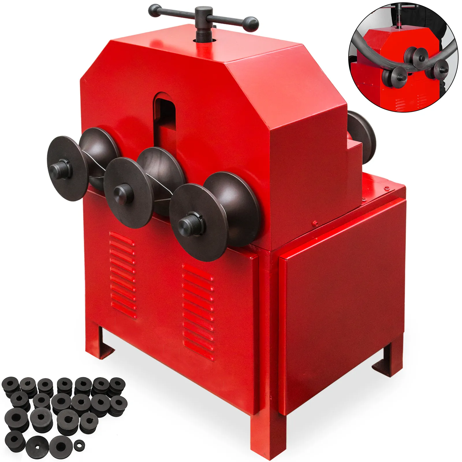 red VEVOR pipe bender with multiple rollers and black accessories included.