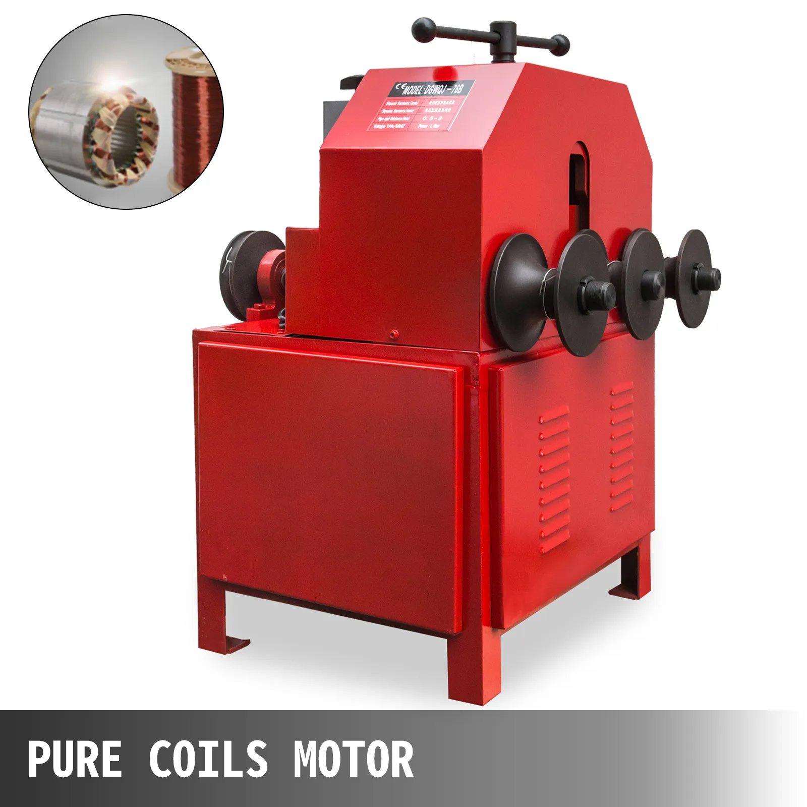 red VEVOR pipe bender with pure coils motor, featuring multiple rollers.