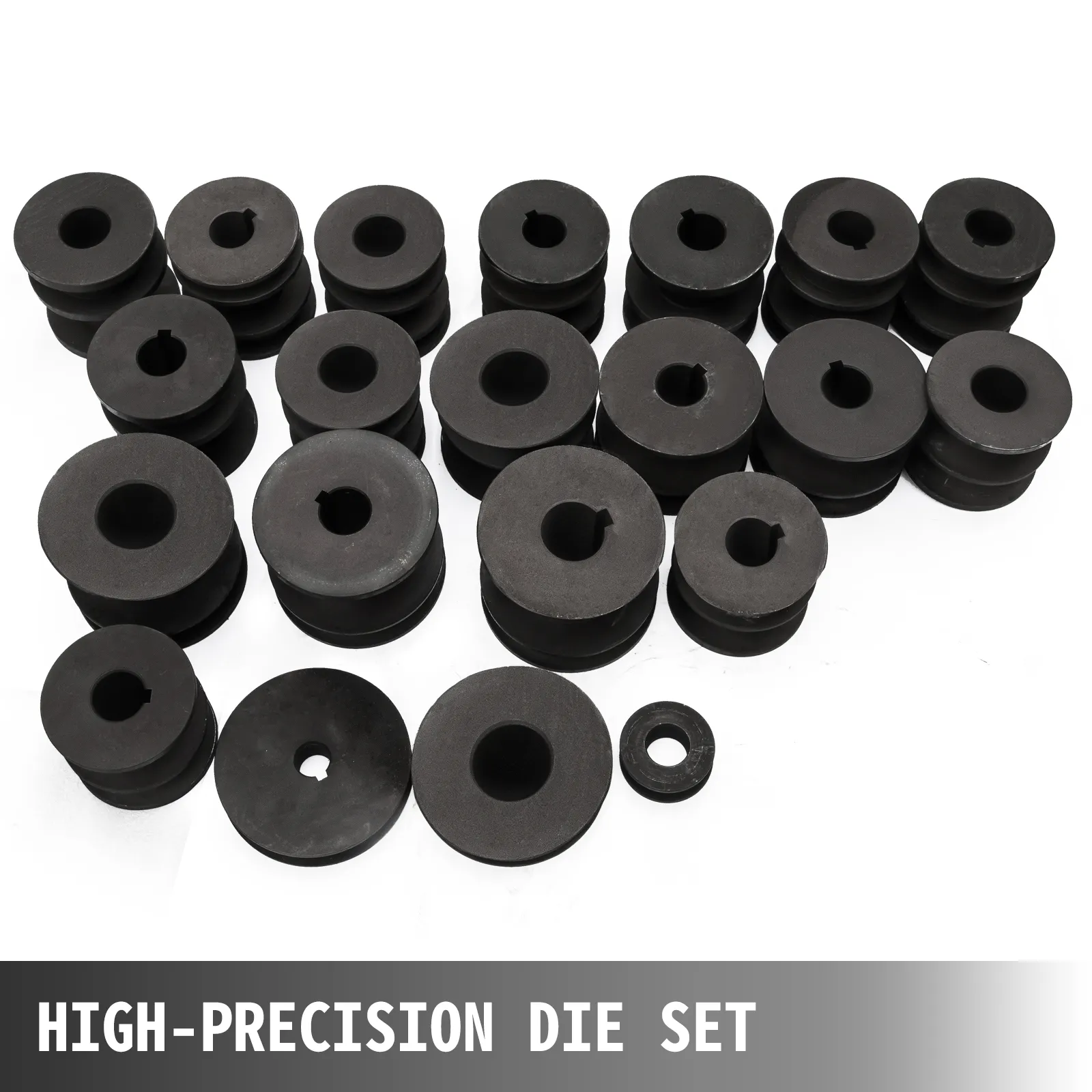 high-precision die set for VEVOR pipe bender displayed in multiple sizes.