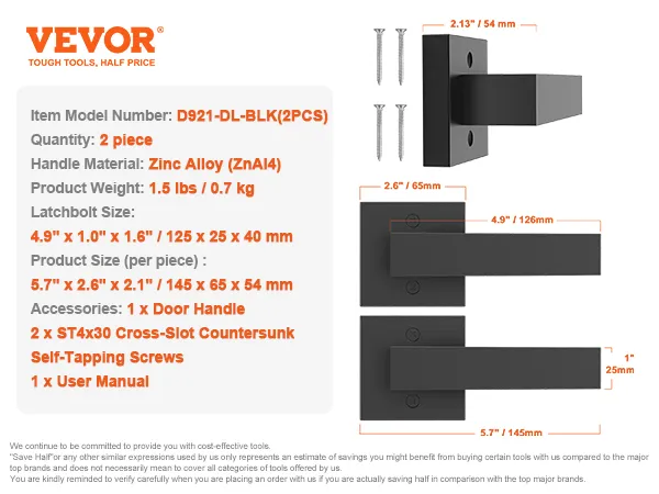 VEVOR dummy door lever, 2-piece zinc alloy set, includes screws and user manual. model: d921-dl-blk(2pcs).