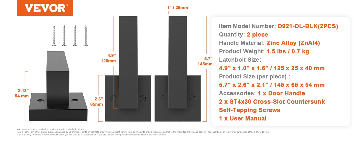 VEVOR dummy door lever, 2-piece zinc alloy set, includes screws and user manual. model: d921-dl-blk(2pcs).