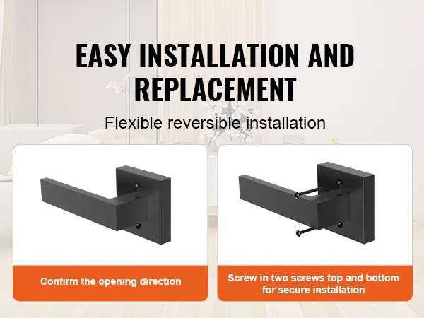 easy installation of VEVOR dummy door lever with instructions for opening direction and screw placement.