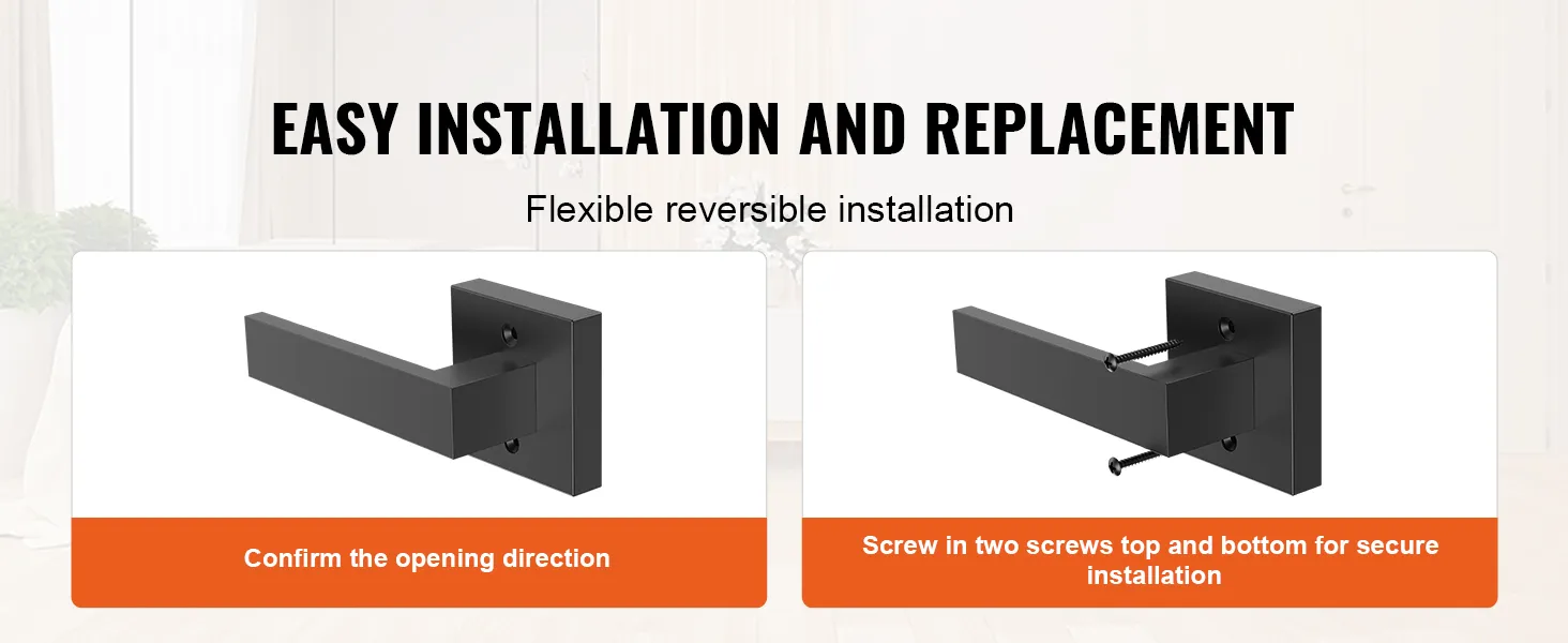 easy installation of VEVOR dummy door lever with instructions for opening direction and screw placement.