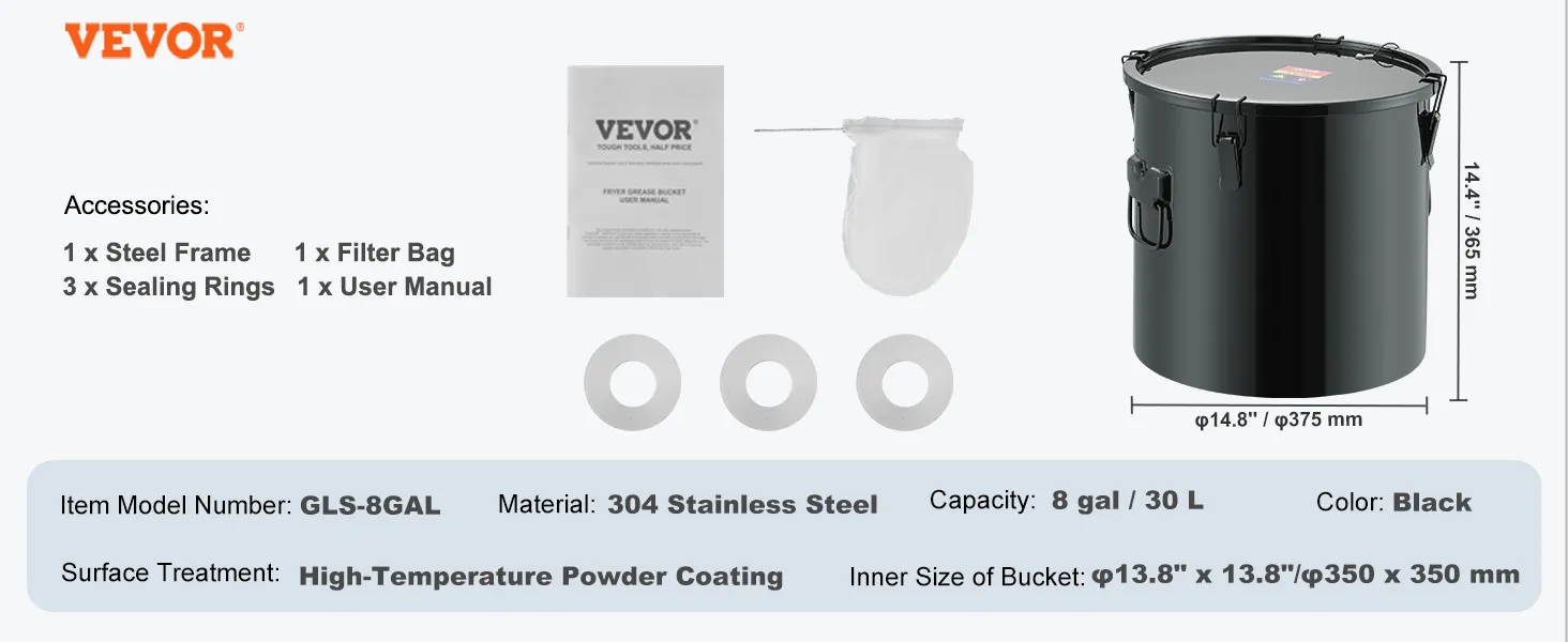 VEVOR fryer grease bucket includes steel frame, filter bag, sealing rings, and user manual. 8 gal black.
