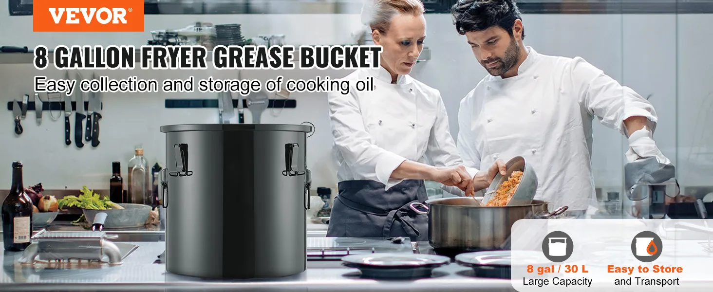 VEVOR fryer grease bucket, 8-gallon capacity, easy storage and transport of cooking oil in a kitchen.