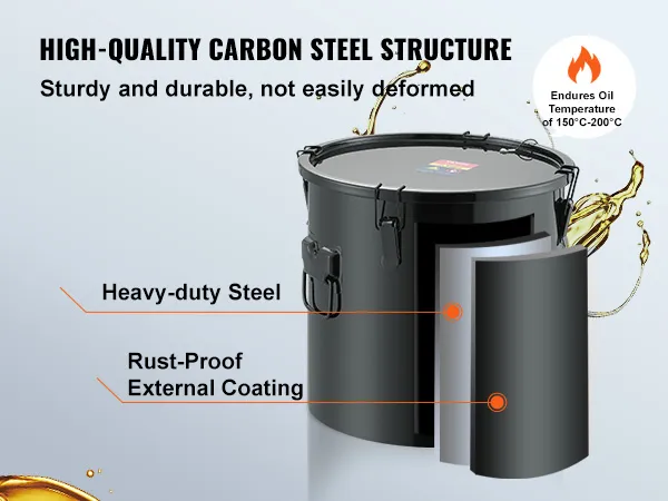 VEVOR fryer grease bucket with carbon steel, heavy-duty stainless steel, and rust-proof external coating.
