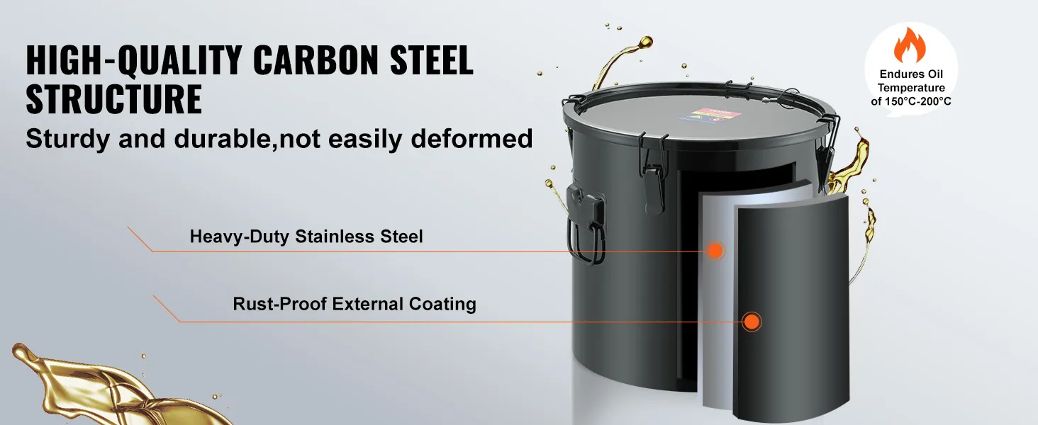 VEVOR fryer grease bucket with carbon steel, heavy-duty stainless steel, and rust-proof external coating.