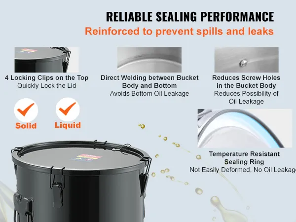 VEVOR fryer grease bucket with 4 locking clips, seamless welding, and temperature-resistant sealing.