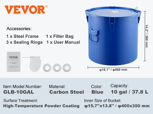 VEVOR fryer grease bucket, blue, 10-gal capacity, carbon steel, with accessories: steel frame, filter bag, sealing rings.