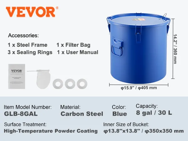 VEVOR fryer grease bucket in blue with accessories and specifications displayed. capacity: 8 gal.