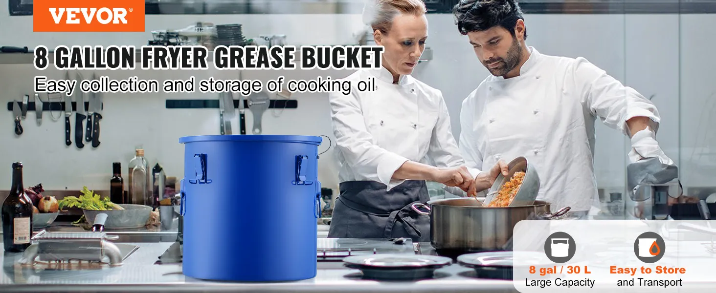 VEVOR fryer grease bucket in a professional kitchen, ideal for easy oil collection and storage.