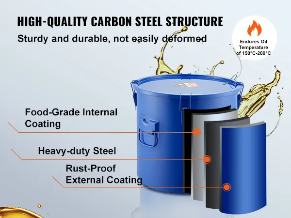 high-quality carbon steel VEVOR fryer grease bucket with food-grade coating and rust-proof external layer.