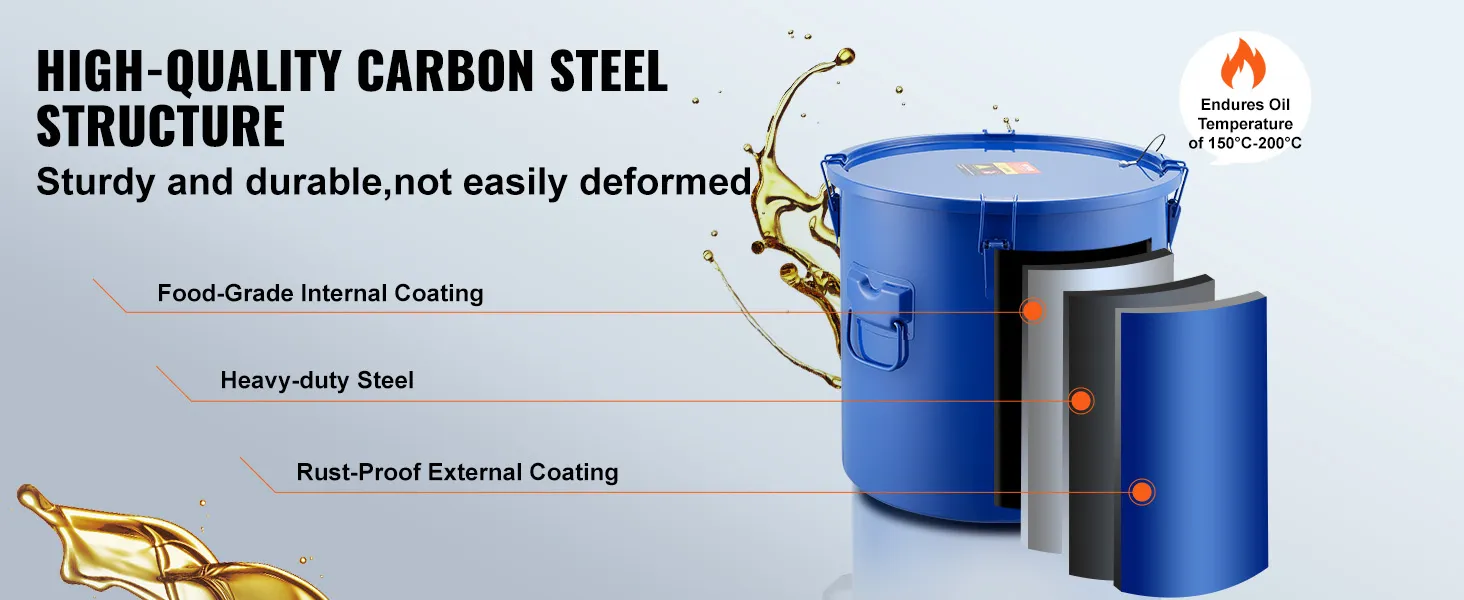 high-quality carbon steel VEVOR fryer grease bucket with food-grade coating and rust-proof external layer.