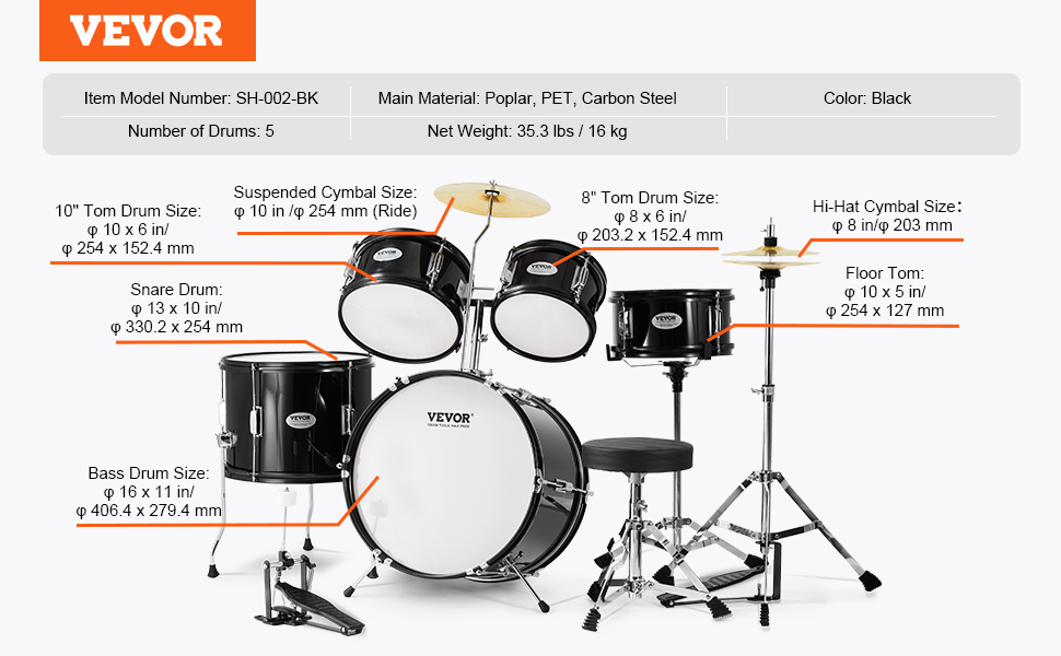 VEVOR Kids Drum Set, 5-Piece, 16 in Beginner Full Drum Set with