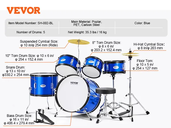 VEVOR kids drum set, 5 drums, blue, poplar, pet, carbon steel, net weight 35.3 lbs.