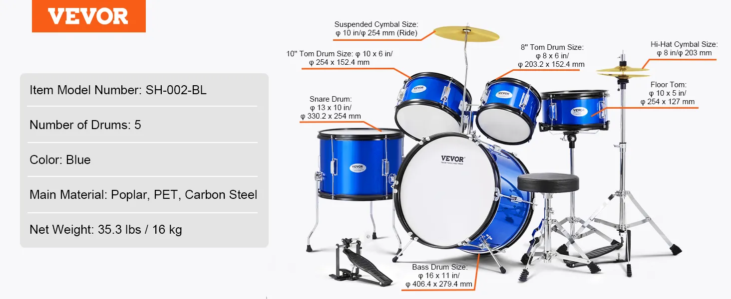 VEVOR kids drum set, 5 drums, blue, poplar, pet, carbon steel, net weight 35.3 lbs.