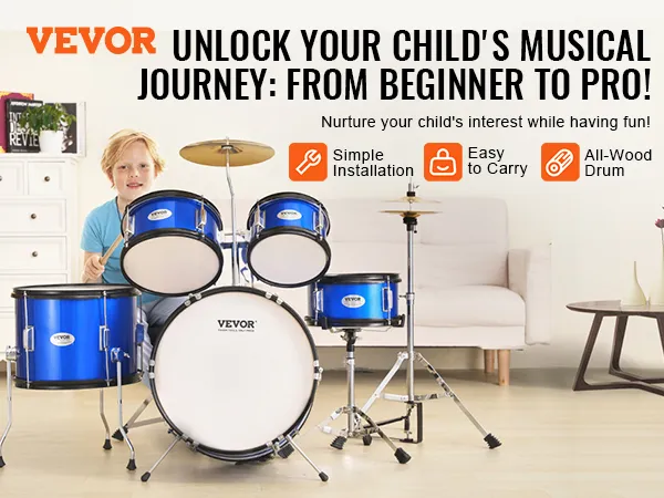 VEVOR kids drum set for beginners, featuring blue drums, easy installation, and all-wood construction.