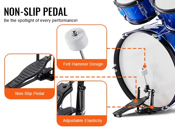non-slip pedal with felt hammer design and adjustable elasticity on VEVOR kids drum set.