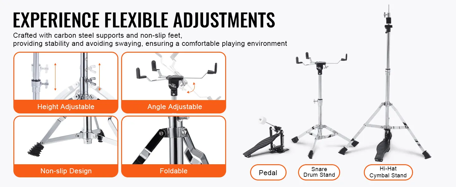 VEVOR kids drum set with height adjustable, angle adjustable, non-slip design, and foldable stands.