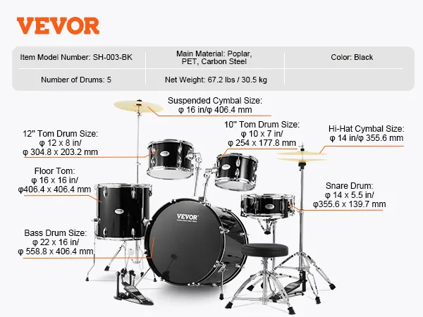 VEVOR adult drum set, black, 5-piece with cymbals, bass drum, snare, toms, and floor tom, sh-003-bk.