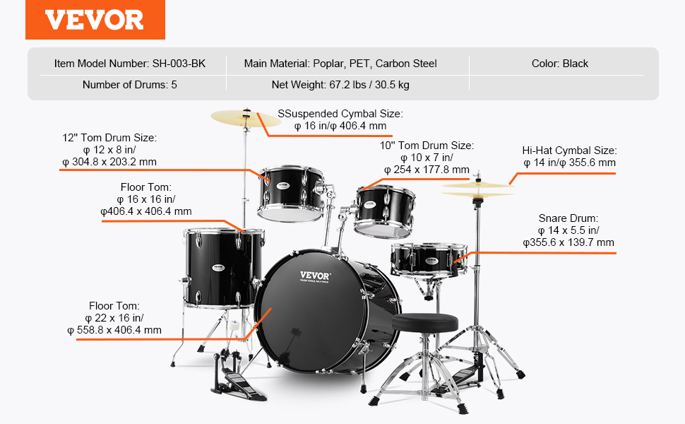 VEVOR Adult Drum Set, 5-Piece, 22 inches Complete Full Size Drum