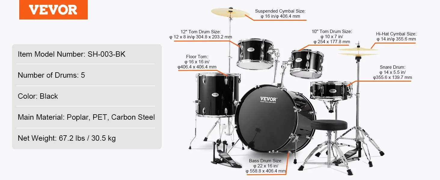 VEVOR adult drum set, black, 5-piece with cymbals, bass drum, snare, toms, and floor tom, sh-003-bk.