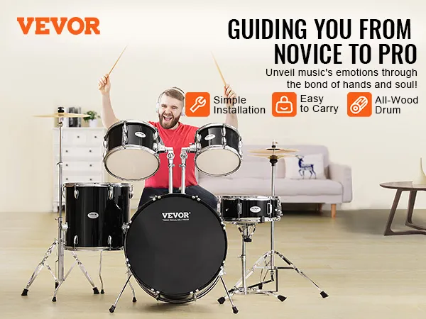 VEVOR adult drum set with black drums, cymbals, and person playing, highlighting easy installation and carry.