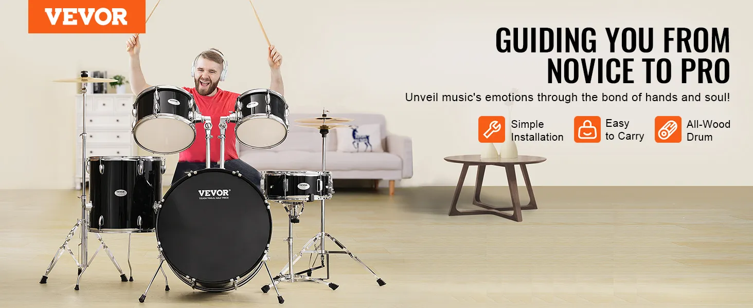 VEVOR adult drum set with black drums, cymbals, and person playing, highlighting easy installation and carry.
