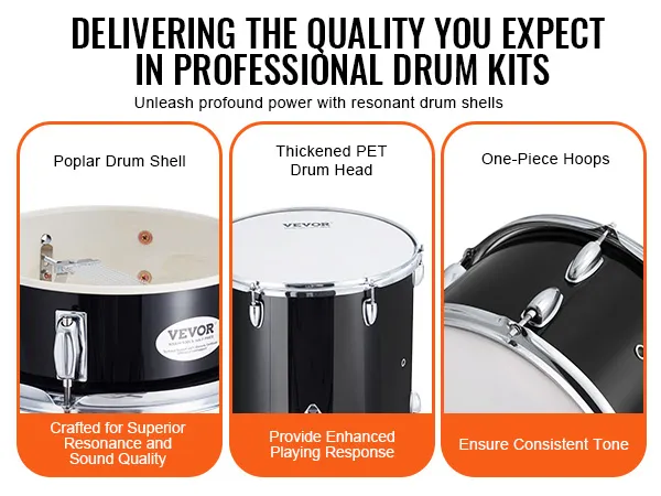 VEVOR adult drum set features poplar drum shell, thickened pet drum head, and one-piece hoops.