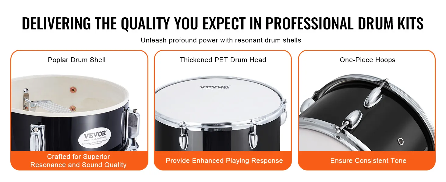 VEVOR adult drum set features poplar drum shell, thickened pet drum head, and one-piece hoops.