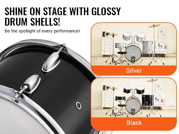 VEVOR adult drum set in silver and black options, with glossy shells, in a room setting.