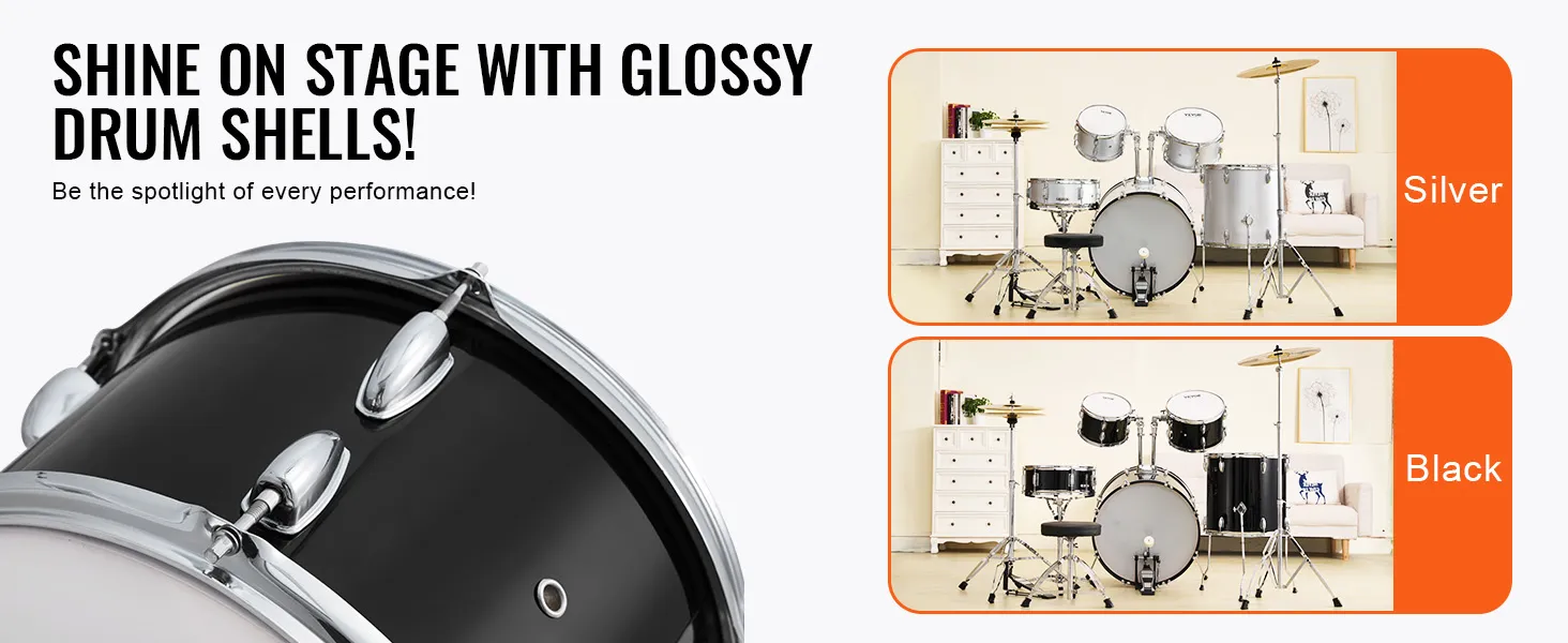 VEVOR adult drum set in silver and black options, with glossy shells, in a room setting.