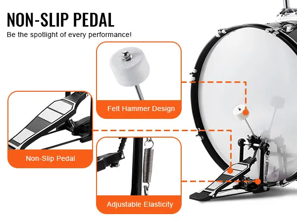 VEVOR adult drum set showcasing non-slip pedal, felt hammer design, and adjustable elasticity.
