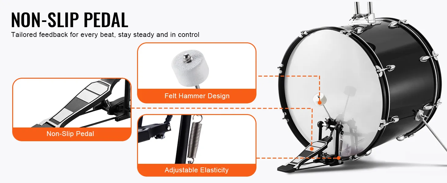 VEVOR adult drum set showcasing non-slip pedal, felt hammer design, and adjustable elasticity.