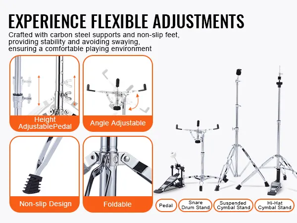 adjustable VEVOR adult drum set supports with non-slip feet, ensuring a stable and comfortable playing experience.
