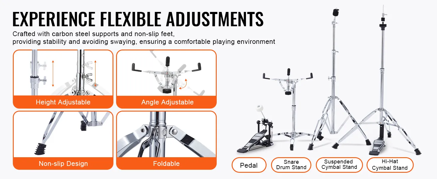 adjustable VEVOR adult drum set supports with non-slip feet, ensuring a stable and comfortable playing experience.