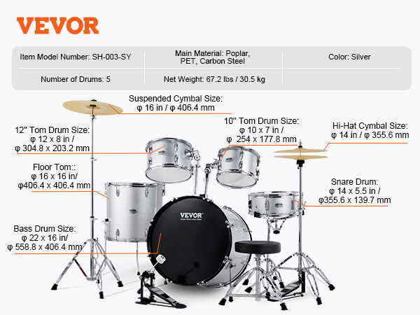 VEVOR Adult Drum Set, 5-Piece, 22 inches Complete Full Size Drum