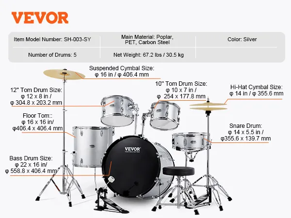 VEVOR adult drum set in silver with 5 drums and cymbals, item model sh-003-sy, weighing 67.2 lbs.