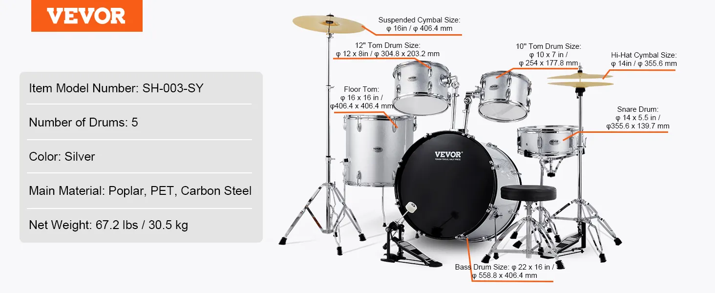 VEVOR adult drum set in silver with 5 drums and cymbals, item model sh-003-sy, weighing 67.2 lbs.