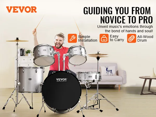 VEVOR adult drum set in living room, musican playing, features simple installation and all-wood drum.